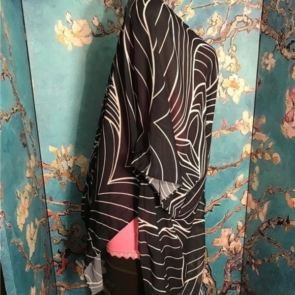 Vida Artist One Size New Blue/Ivory Print Sheer Open Front Short Sleeve Tunic Wr - Picture 3 of 6